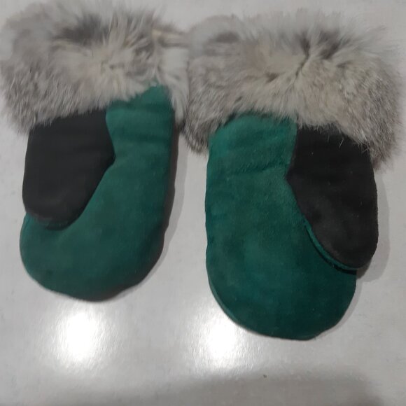Children's Leather and Real Fur mittens - green leather - Picture 2 of 11
